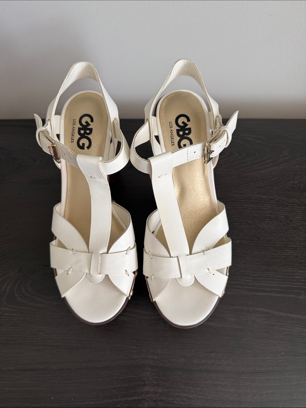 GBG Los Angeles Ivory T-Strap Woven Heeled Sandals
